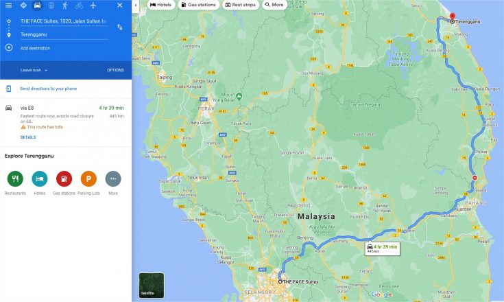 Itinéraire de Kuala Lumpur vers Kuala Terengganu