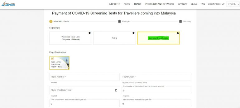 Paiement et réservation covid test pour Langkawi
