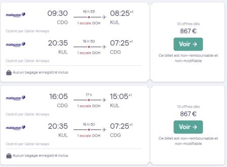 Vol avion Paris CDG Kuala Lumpur Juillet 2022