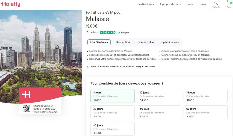 Holafly forfait esim Malaisie : prix ?