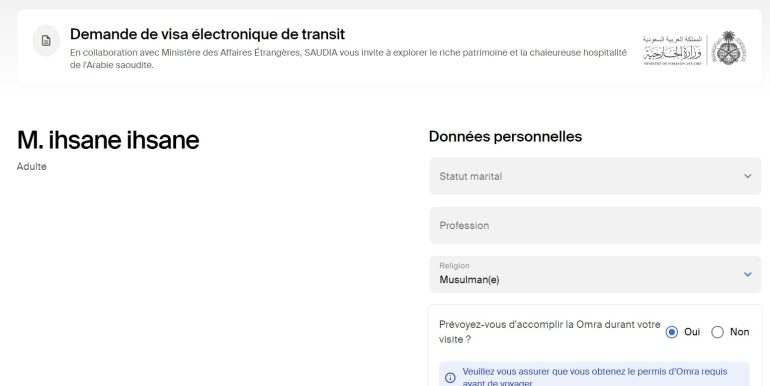 Demande e-visa de transit Arabie Saoudite