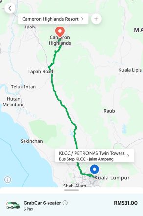Prix pour aller aux Cameron highlands depuis Kuala Lumpur avec Grab